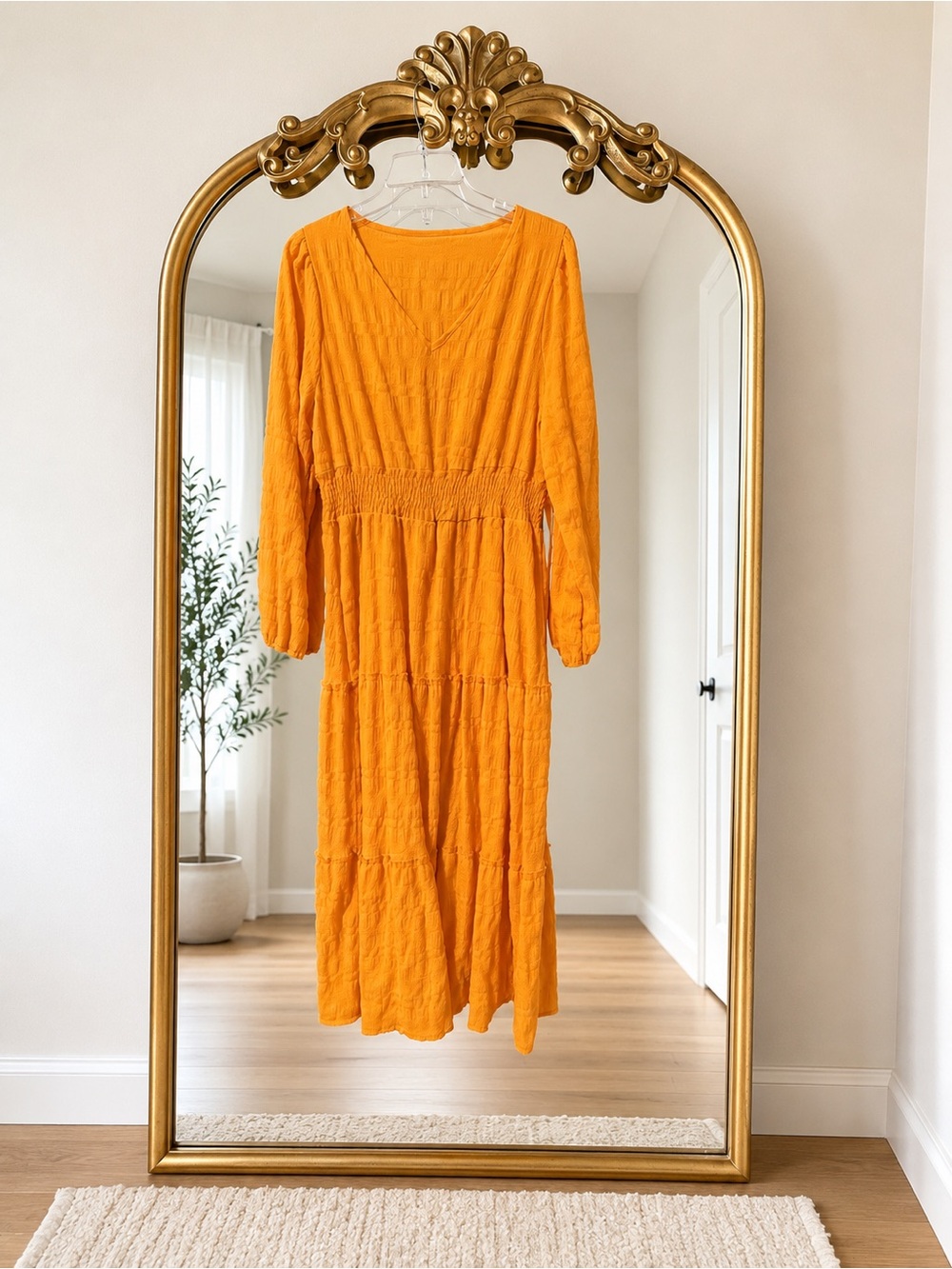 Vibrant Orange Long-Sleeve Maxi Dress with Smocked Waist
